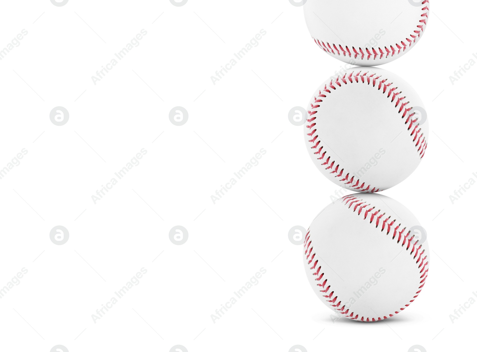 Image of Stack of baseball balls on white background. Space for text