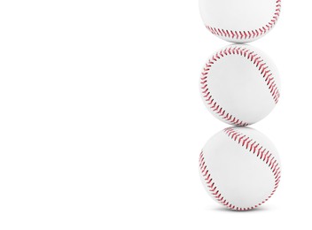 Image of Stack of baseball balls on white background. Space for text