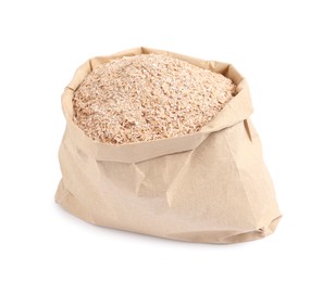 Wheat bran in bag on white background
