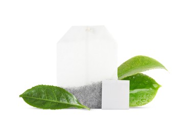 Image of Tea bag with leaves on white background