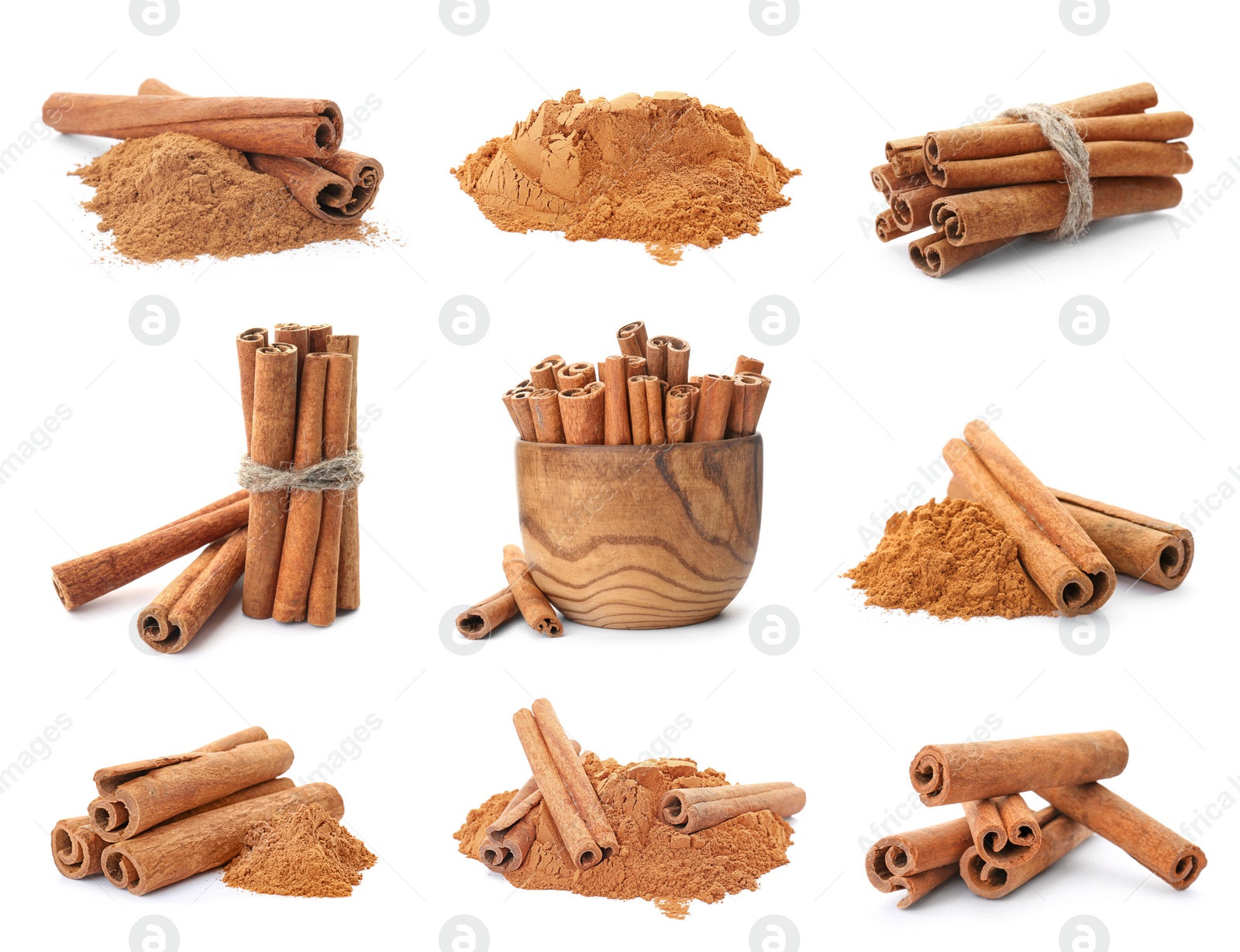 Image of Set with aromatic cinnamon sticks and powder on white background