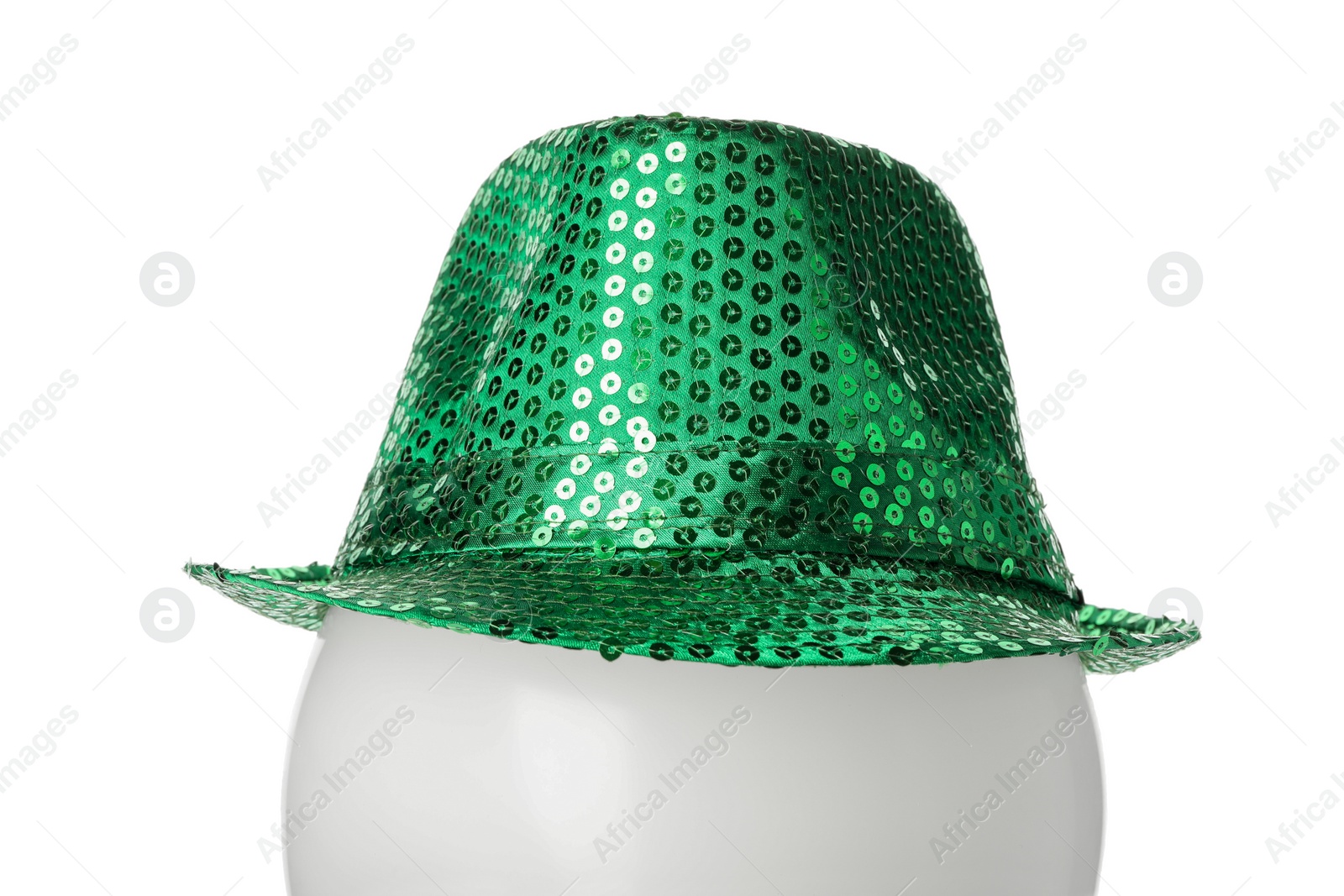 Photo of Green sequin hat isolated on white. Saint Patrick's Day accessory