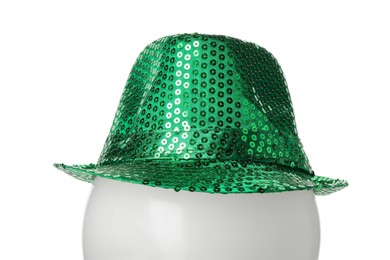 Green sequin hat isolated on white. Saint Patrick's Day accessory