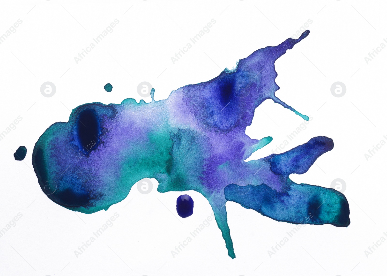 Photo of Blots of colorful watercolor paint on white paper, top view
