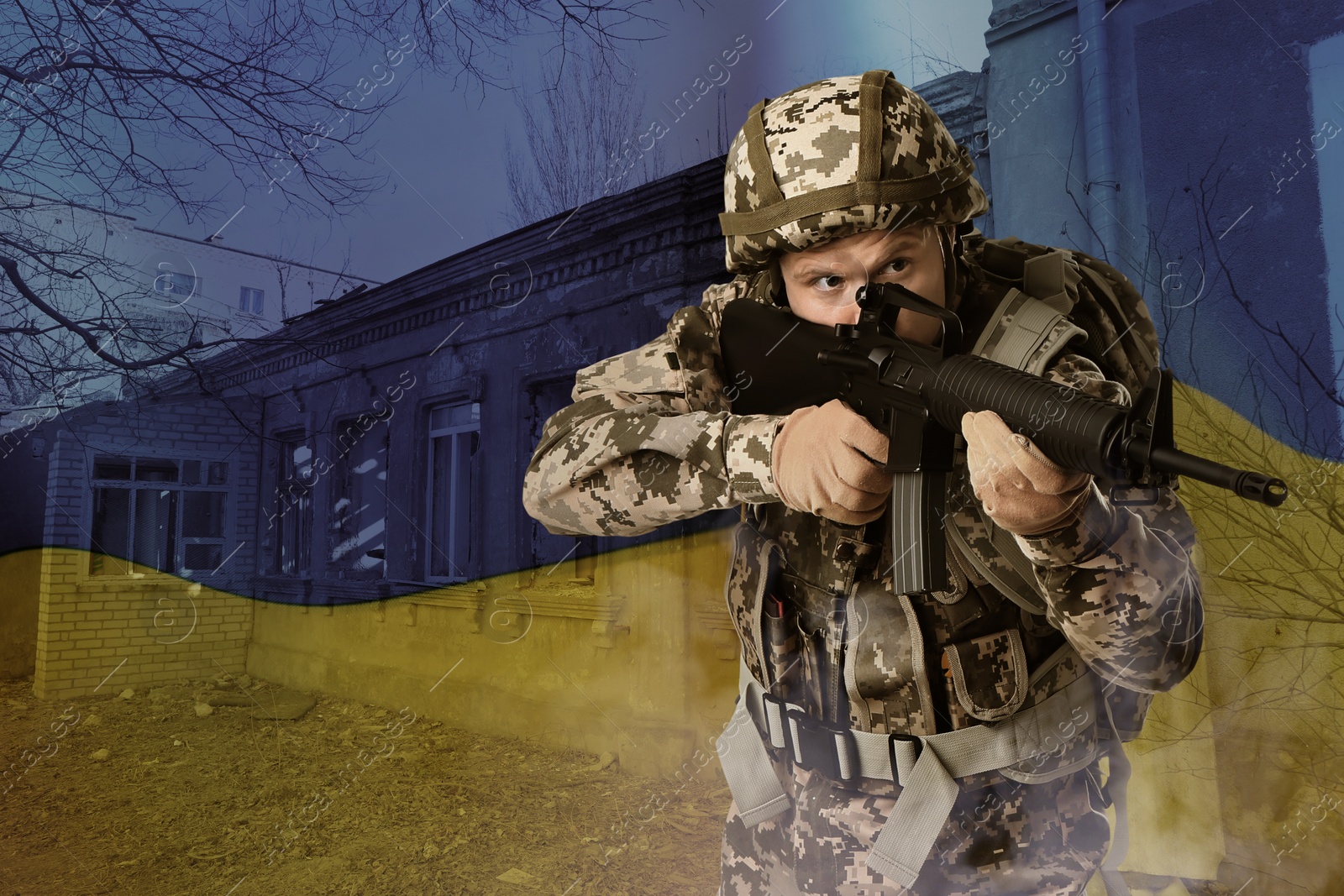 Image of Military, flag of Ukraine and ruined building, double exposure