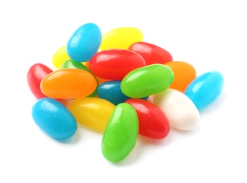 Photo of Pile of tasty bright jelly beans isolated on white