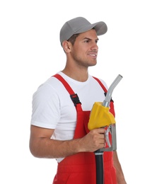 Gas station worker with fuel nozzle on white background