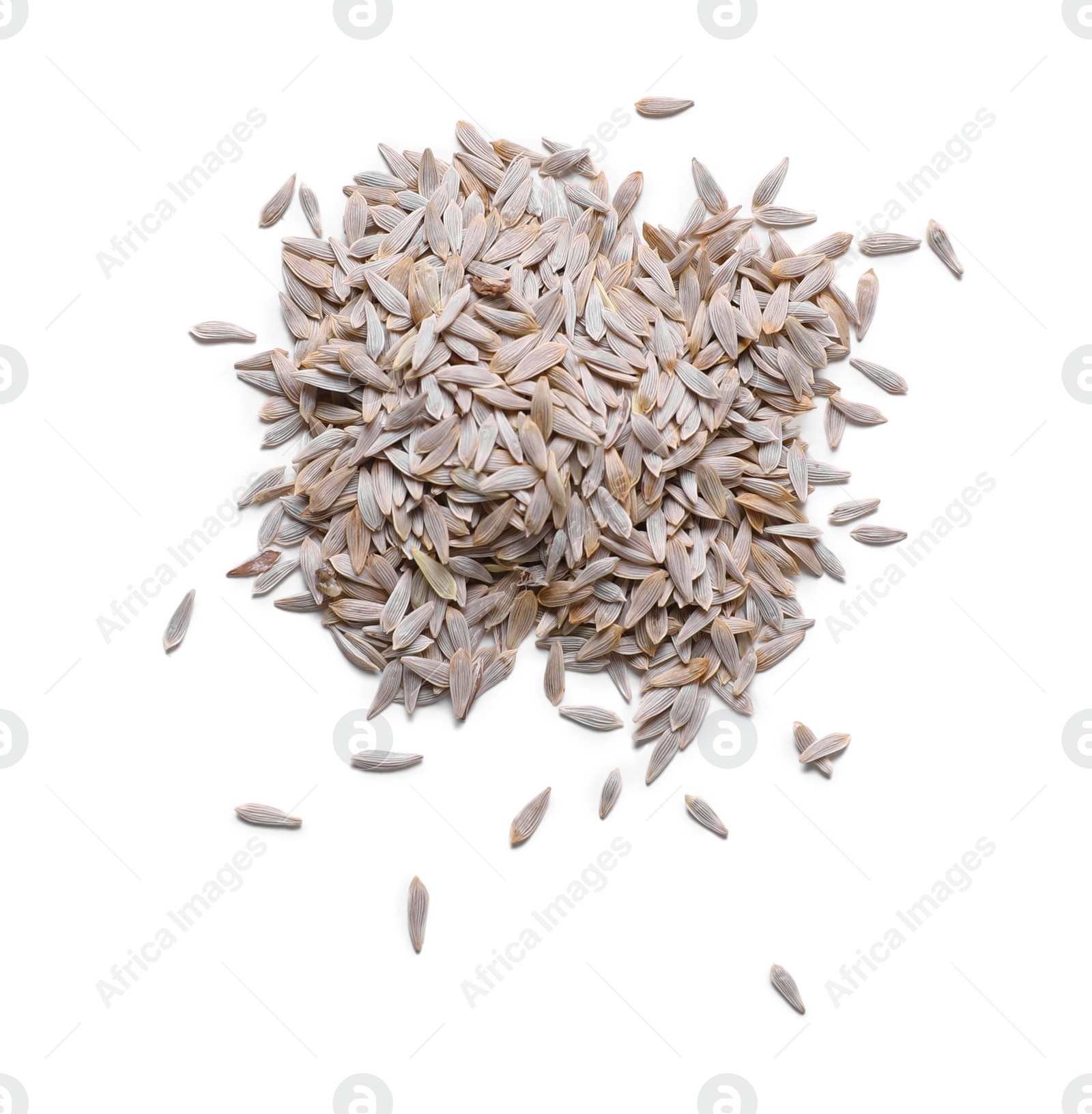 Photo of Pile of lettuce seeds on white background, top view