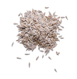 Photo of Pile of lettuce seeds on white background, top view