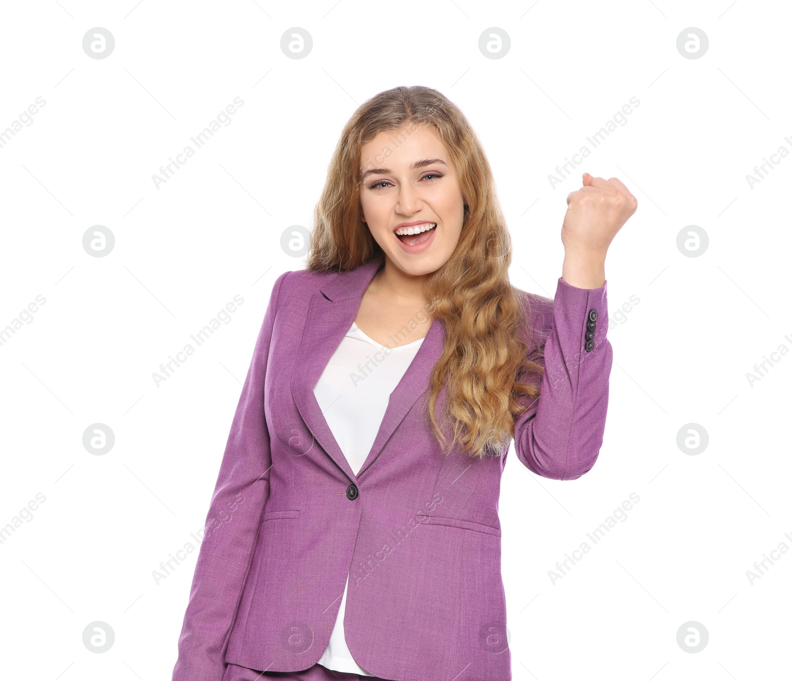 Photo of Happy young businesswoman celebrating victory on white background