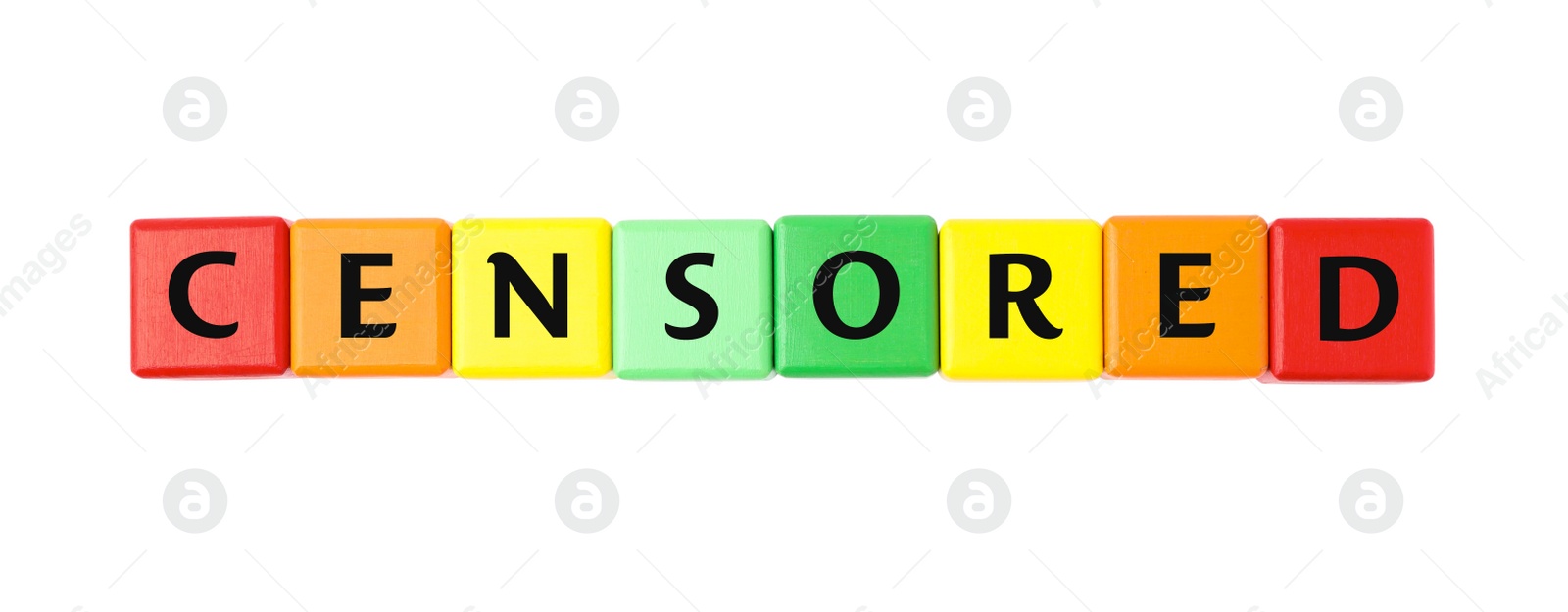 Photo of Colorful cubes with word Censored on white background, top view