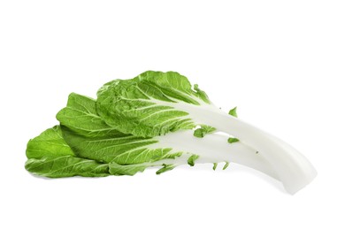 Photo of Fresh leaves of green pak choy cabbage on white background