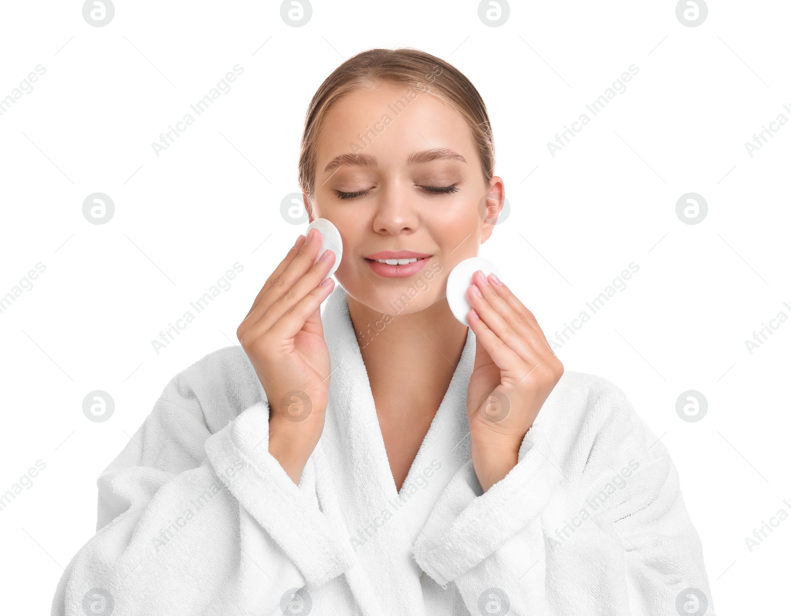 Photo of Beautiful young woman with cotton pads on white background