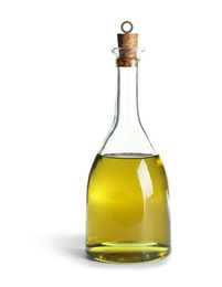 Glass bottle with fresh olive oil on white background