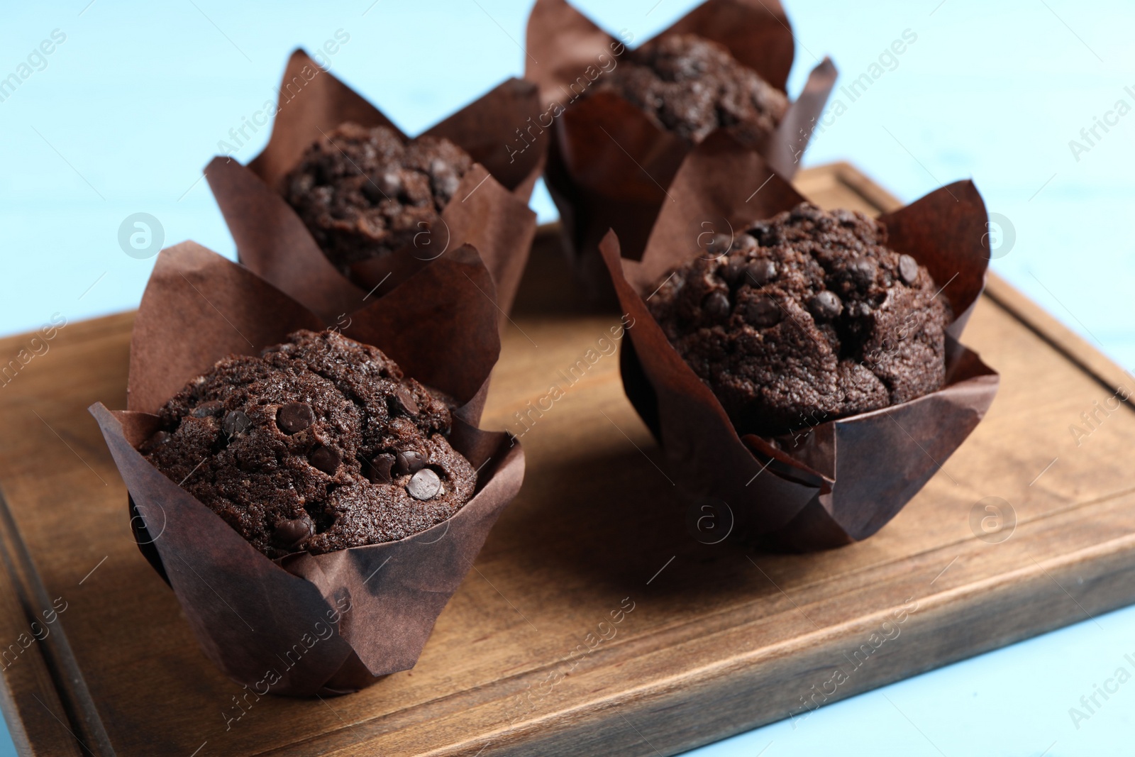 Photo of Tasty chocolate muffins on light blue table, closeup