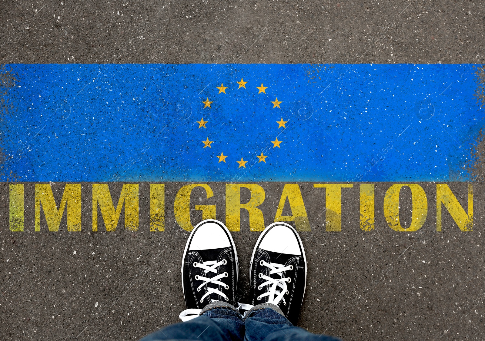 Image of Immigration. Woman standing on asphalt near flag of European Union, top view