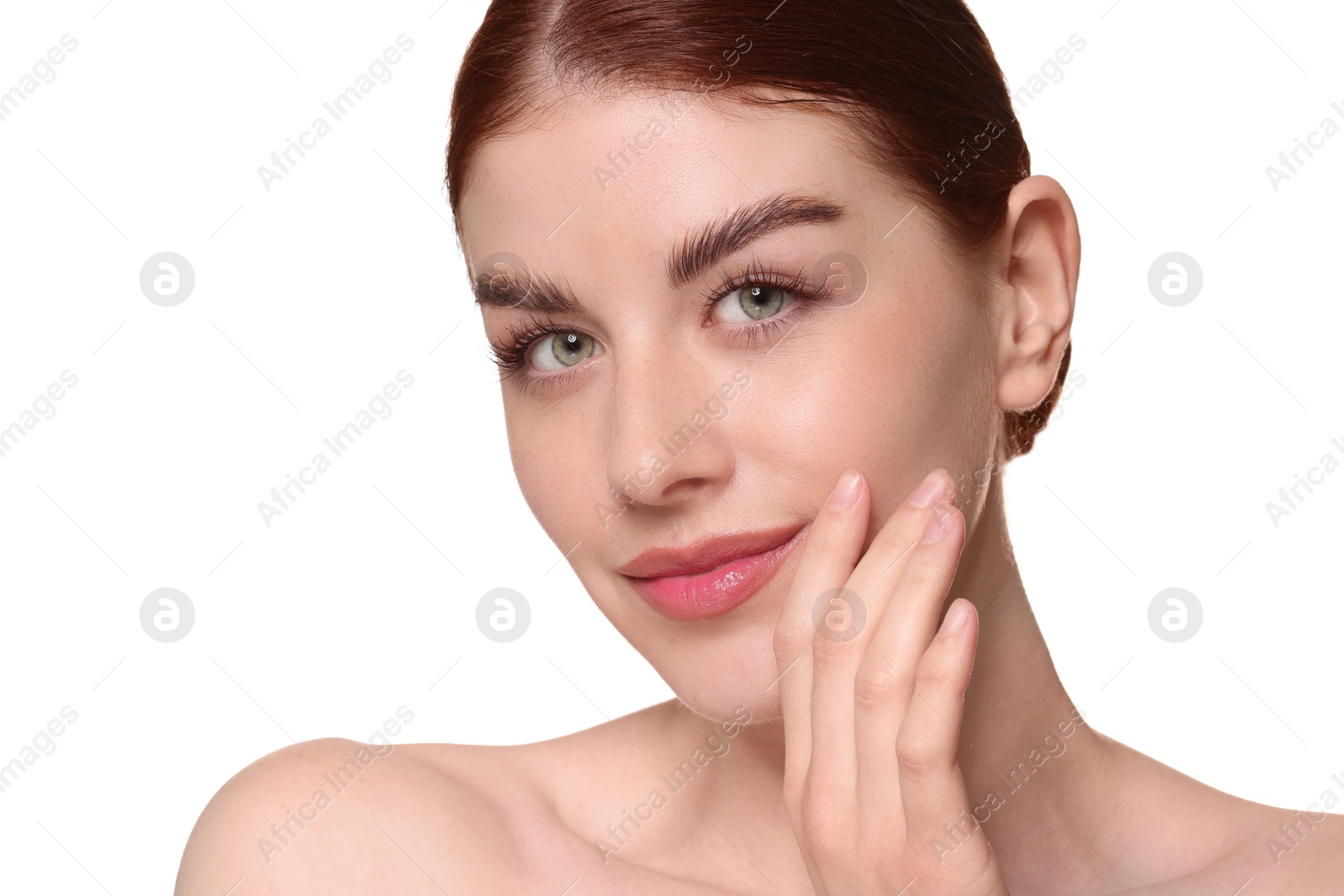 Photo of Portrait of beautiful woman on white background, closeup