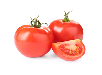 Photo of Tasty fresh raw tomatoes isolated on white