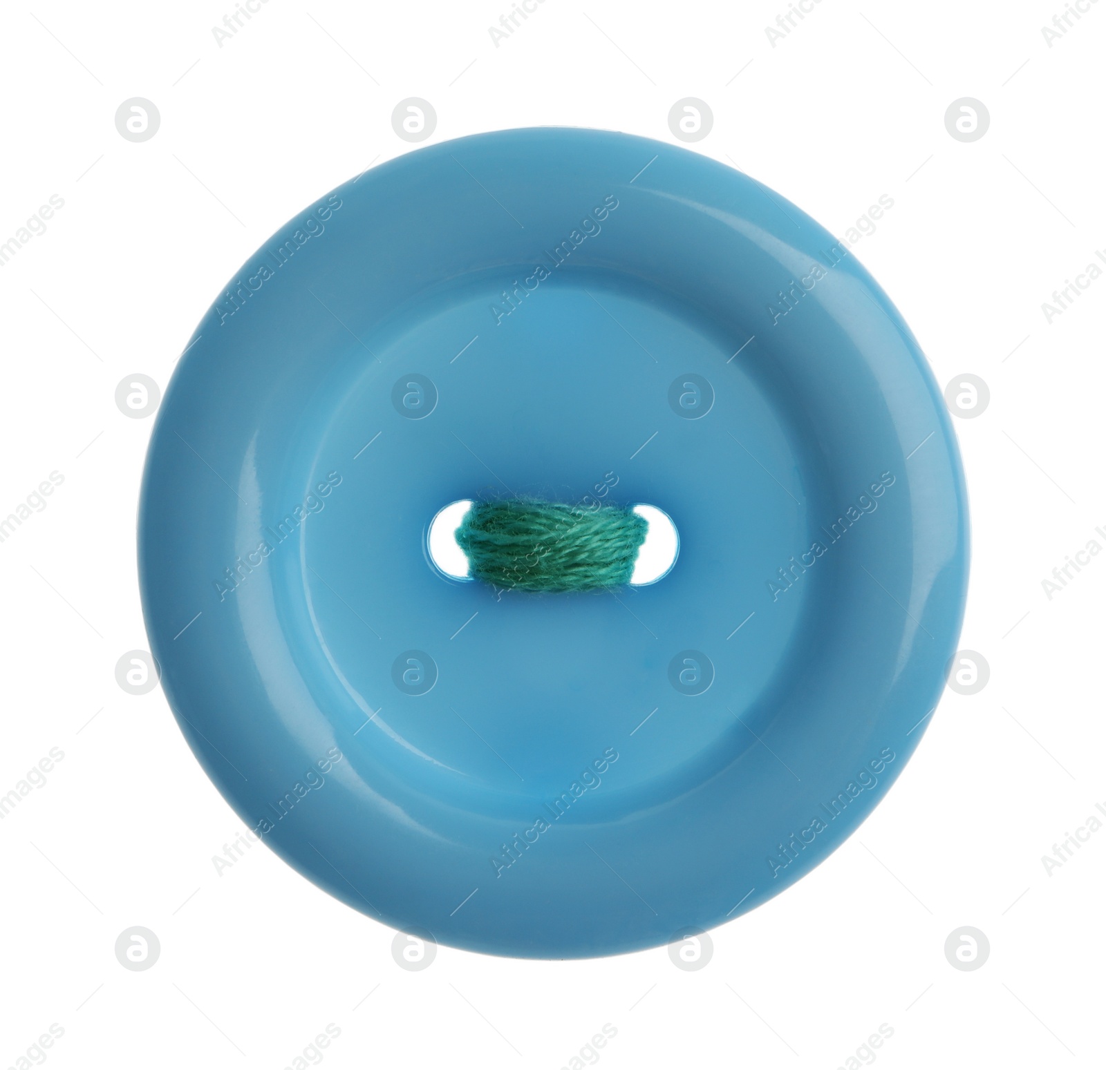 Photo of Blue plastic sewing button isolated on white, top view