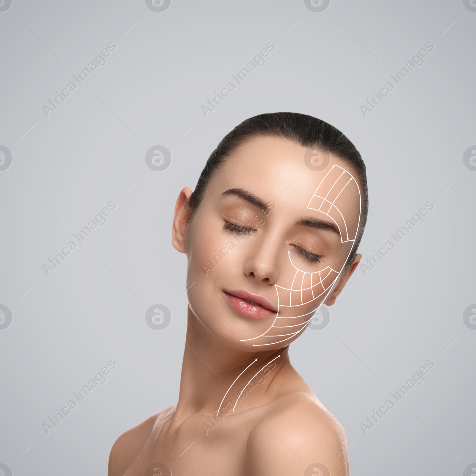 Image of Attractive woman with perfect skin after cosmetic treatment on grey background. Lifting arrows on her face