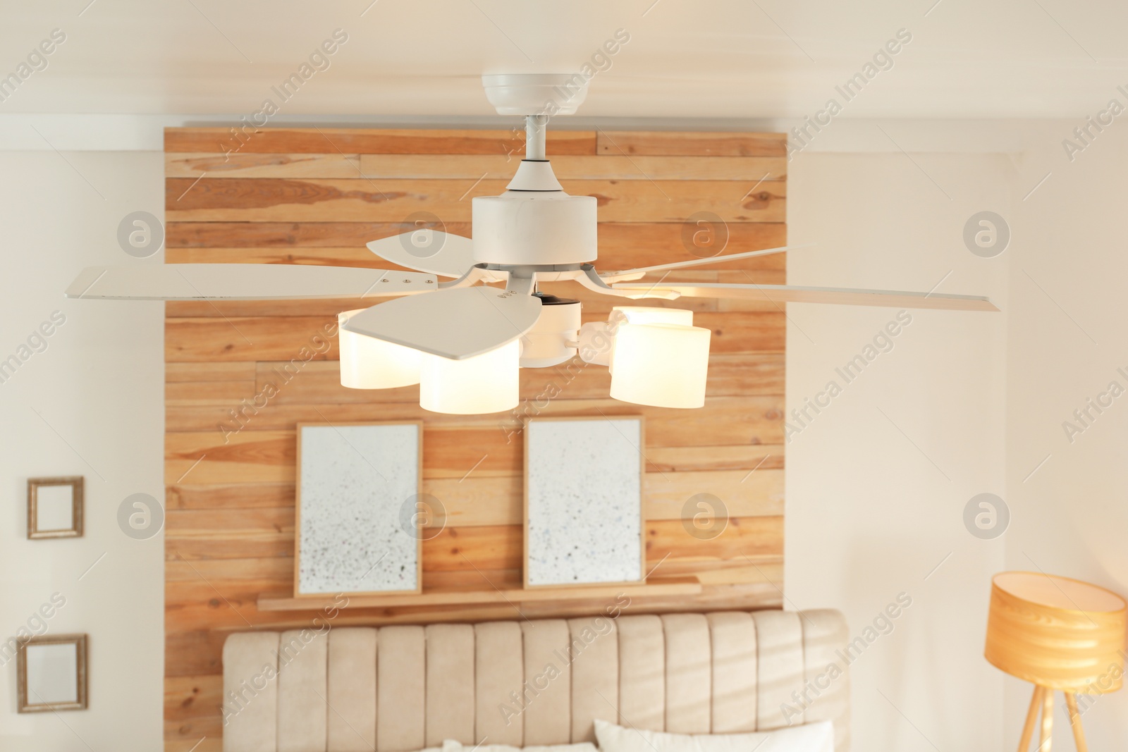 Photo of Modern ceiling fan with lamps indoors. Interior element