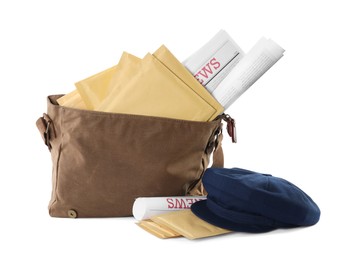 Brown postman's bag with envelopes, newspapers and hat on white background