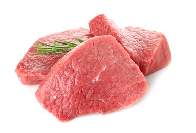Photo of Raw meat with rosemary on white background