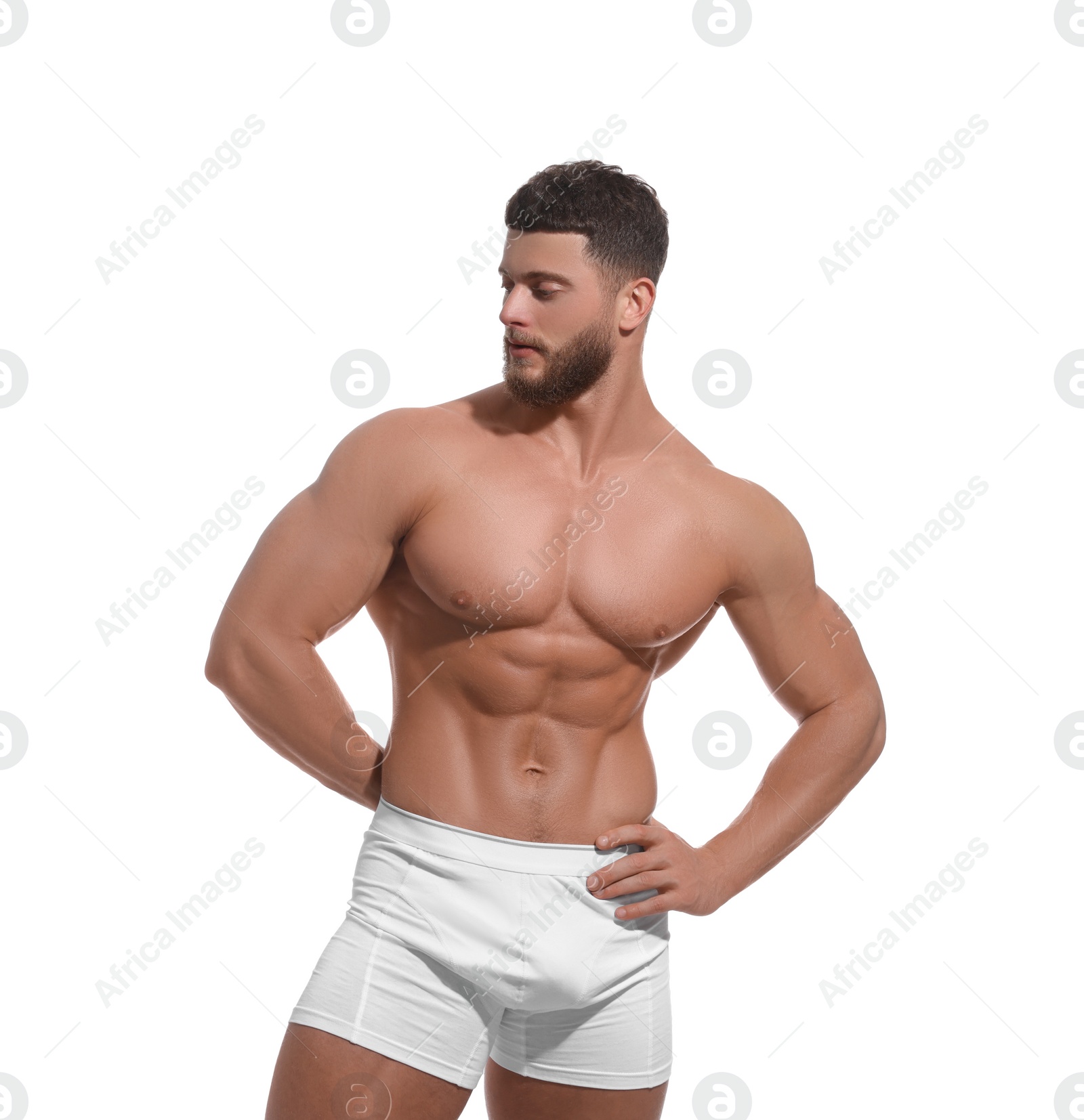 Photo of Handsome muscular man isolated on white. Sexy body