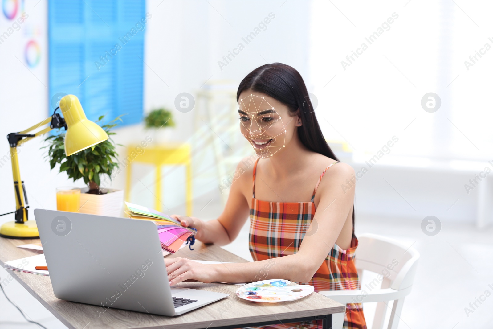 Image of Facial recognition system. Woman using laptop in office 