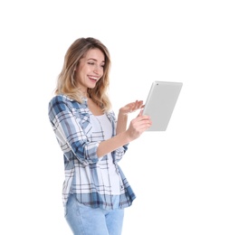 Woman using tablet for video chat isolated on white