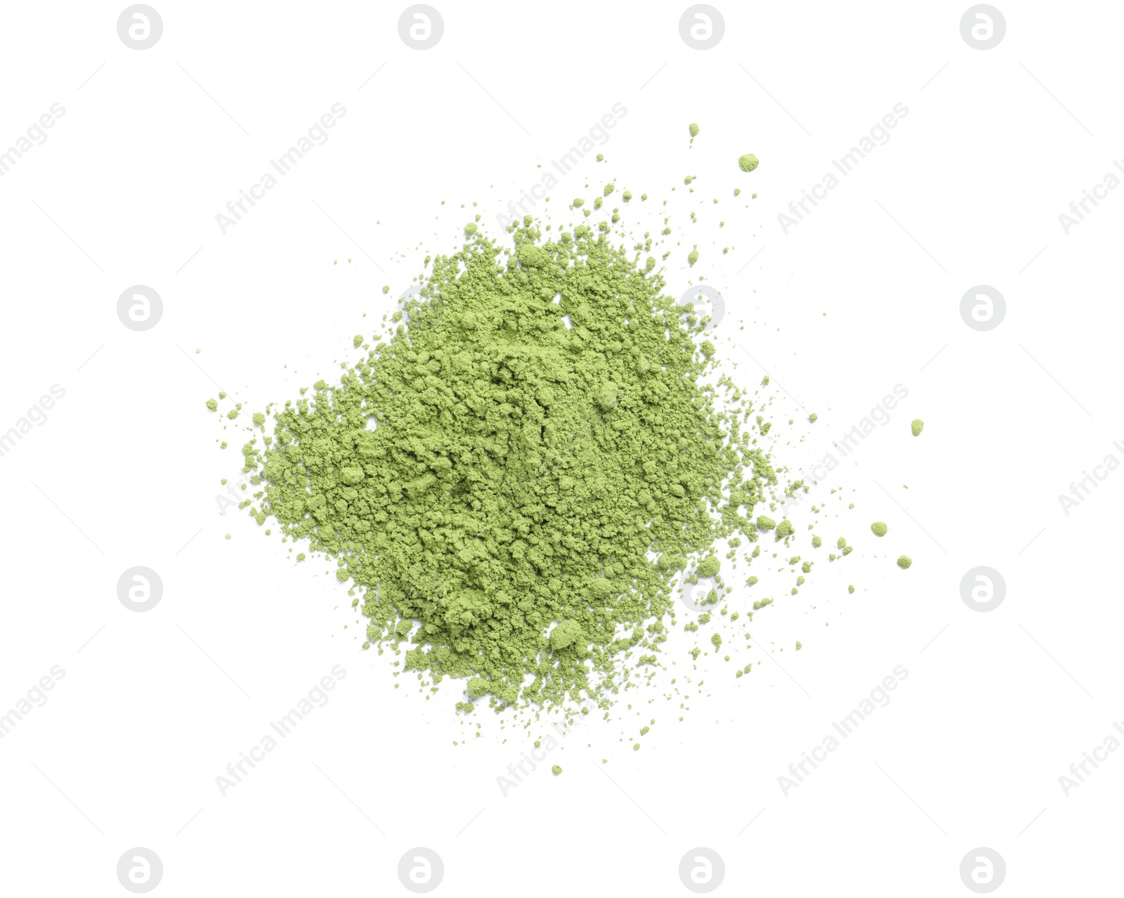 Photo of Pile of green matcha powder isolated on white, top view