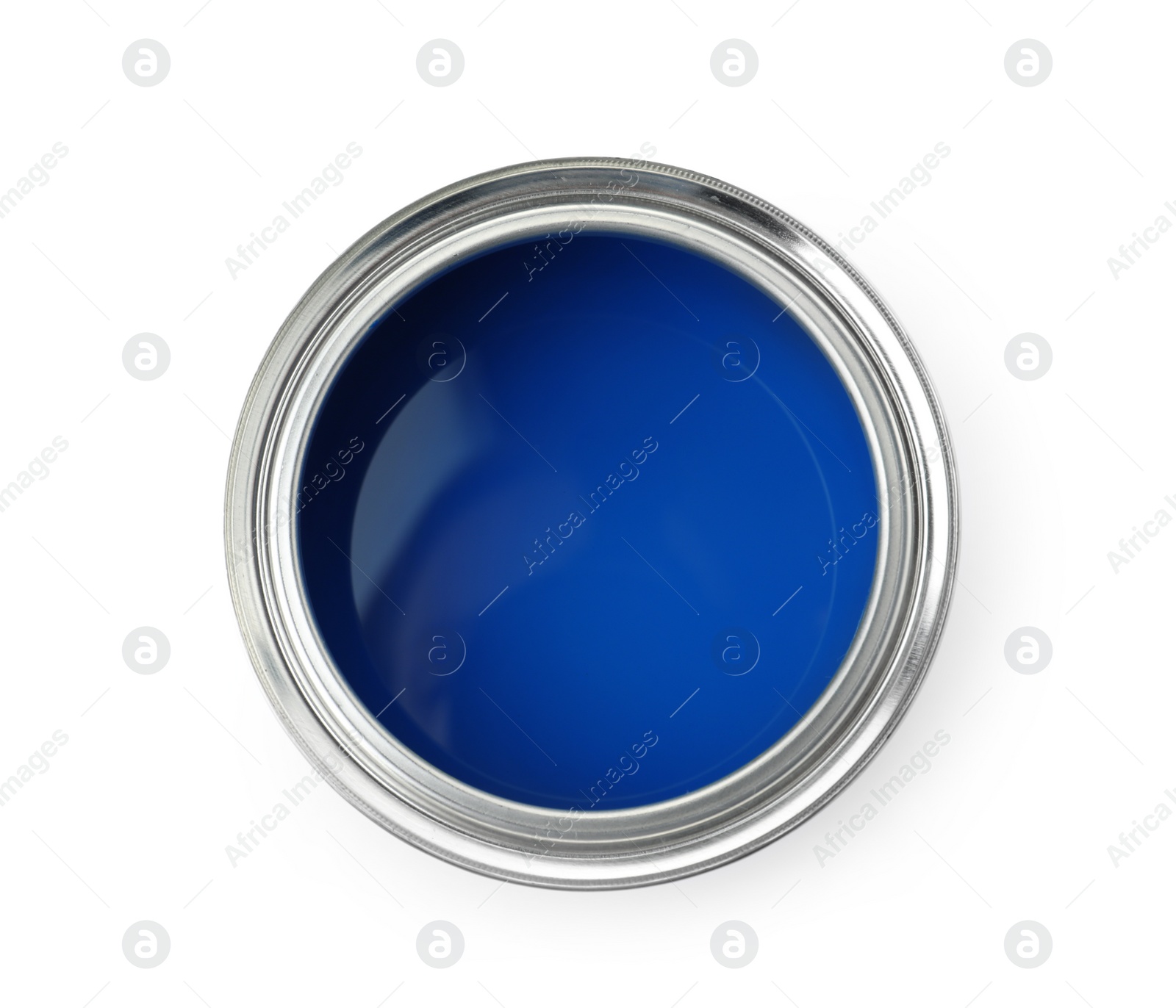 Photo of Open paint can on white background, top view