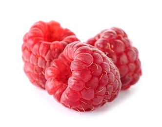 Photo of Delicious fresh ripe raspberries on white background