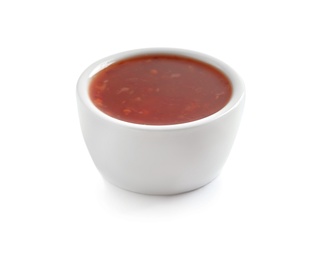 Photo of Delicious tomato sauce in bowl on white background