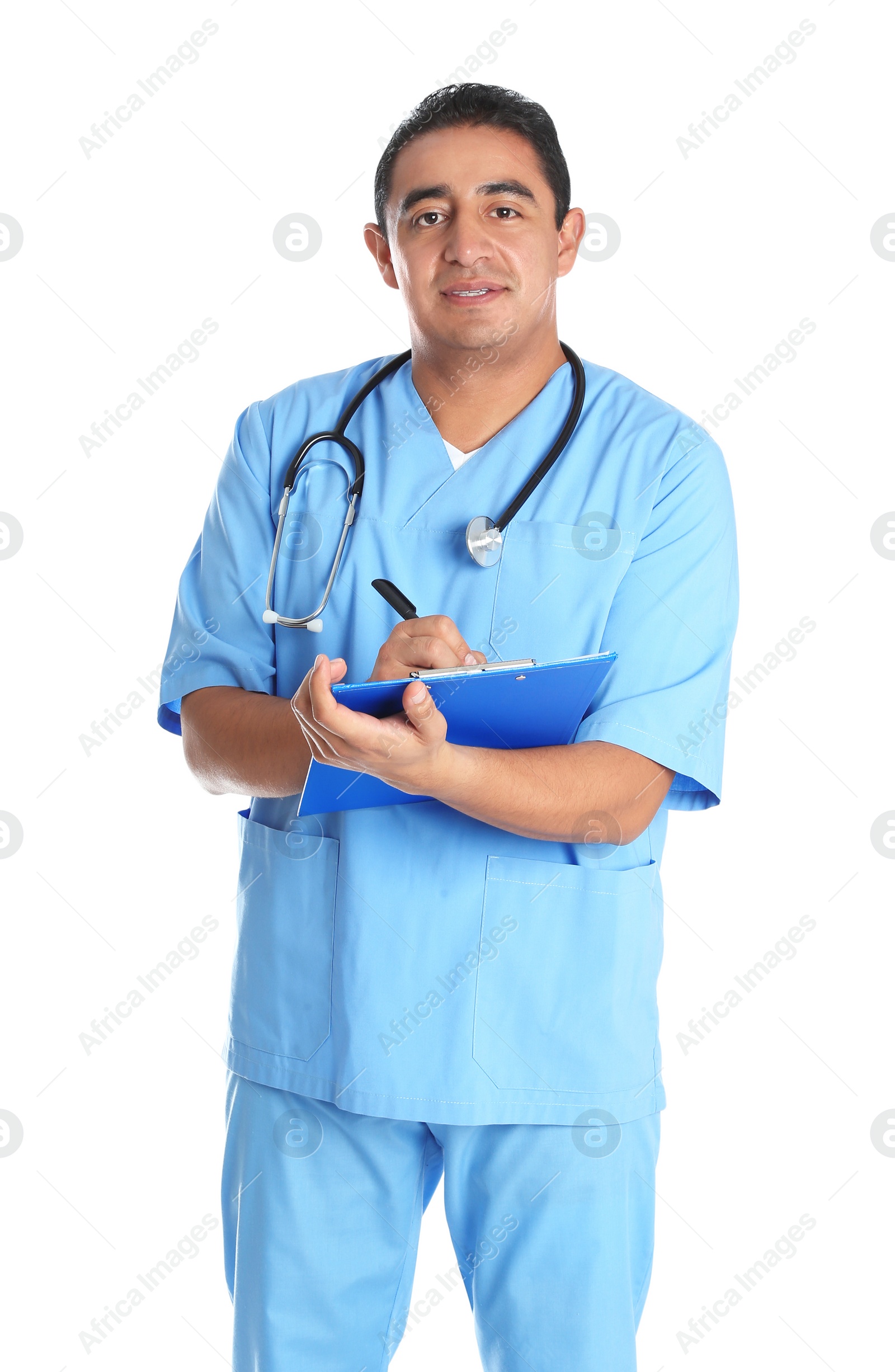 Photo of Portrait of male Hispanic doctor isolated on white. Medical staff