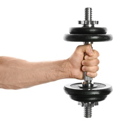 Photo of Male athlete holding metal dumbbell on white background