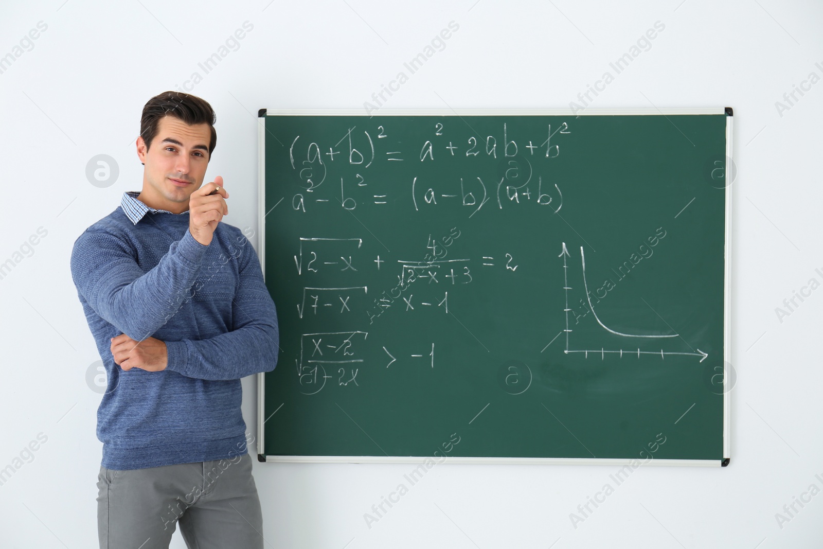 Photo of Young teacher near chalkboard with math formulas in classroom