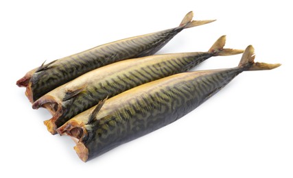 Photo of Delicious smoked mackerels isolated on white.
Seafood product