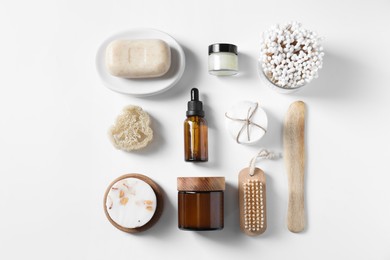 Bath accessories. Flat lay composition with personal care products on white background