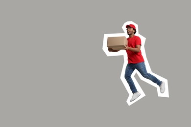 Surprised courier with parcel running on grey background, space for text