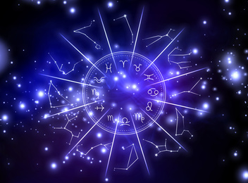 Illustration of  night sky with stars and zodiac wheel