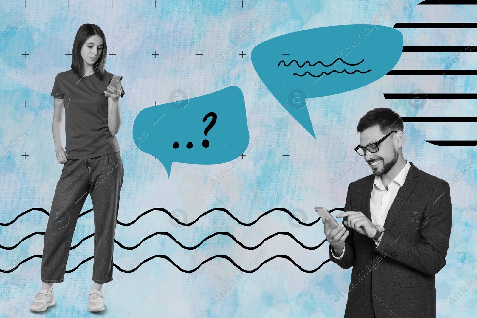 Image of Dialogue, chatting. Photos of people using mobile phones and speech bubbles near them, collage design with black and white effect