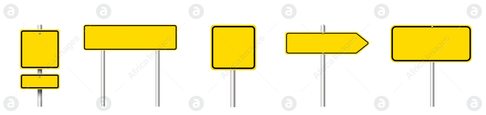 Image of Different yellow blank road signs on white background, collage design