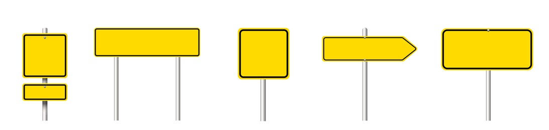 Image of Different yellow blank road signs on white background, collage design