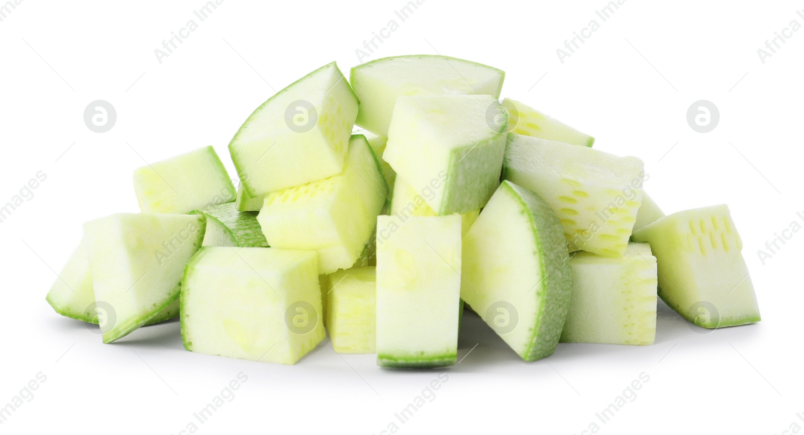 Photo of Pieces of ripe zucchini on white background