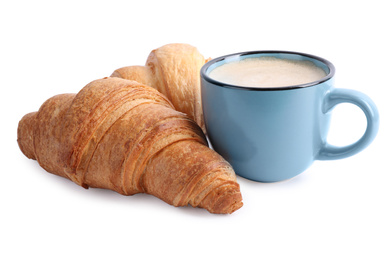 Fresh croissants and coffee on white background