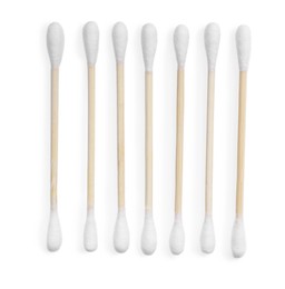 Photo of Wooden cotton buds on white background, top view