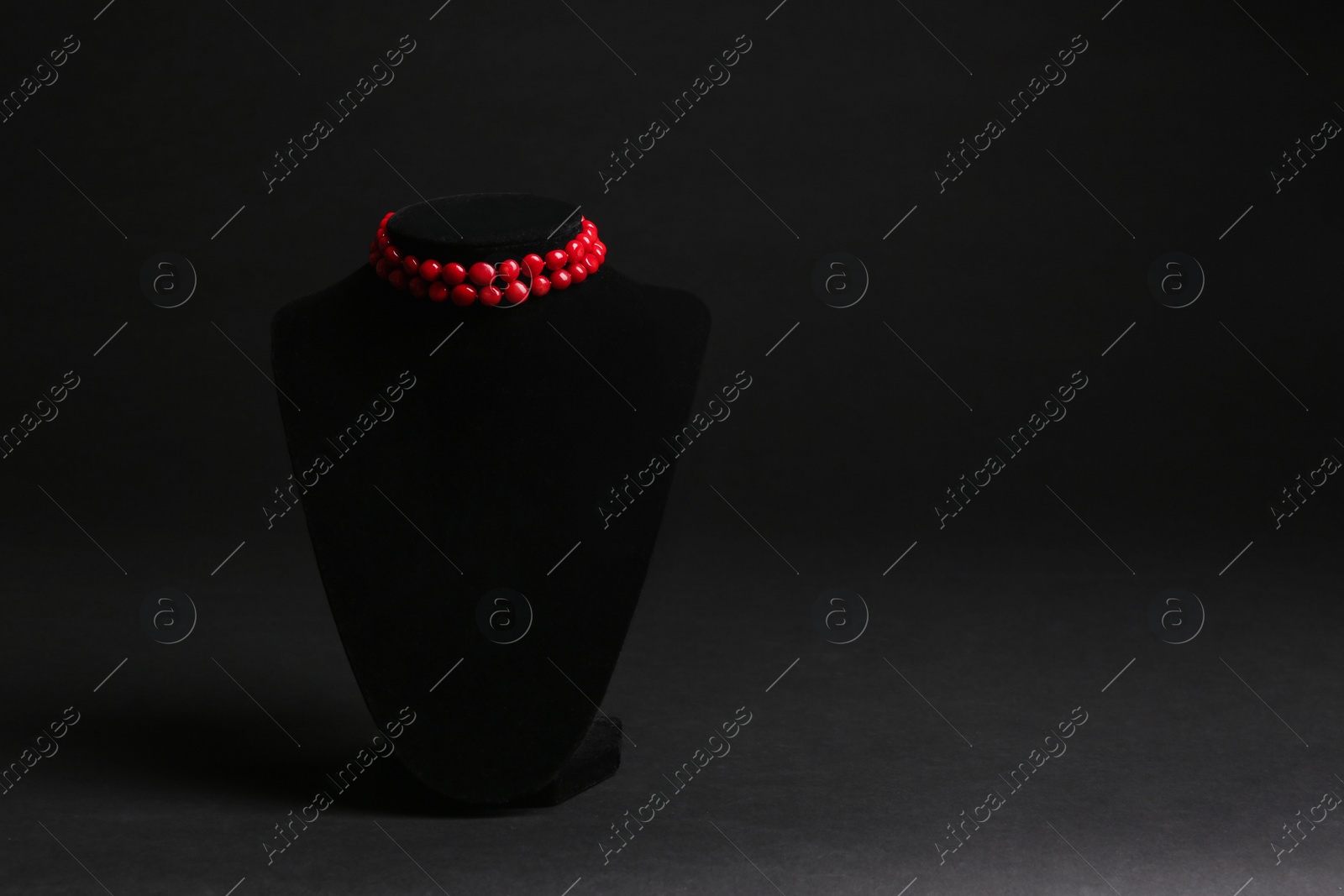 Photo of Stylish jewelry on stand against black background, space for text