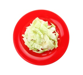 Photo of Plate with chopped cabbage on white background, top view. Healthy food