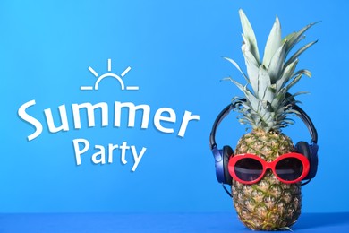 Image of Summer party. Pineapple with headphones and sunglasses on blue background 